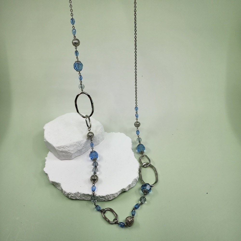 Lia Sophia Blue Faceted Glass Bead Silver Tone Long Station Statement Necklace